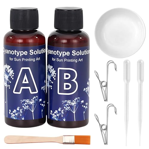 LINXINS 8 Pcs Cyanotype Kit Include 2 Component Cyanotype Solution Sensitizer Straws Clips Brushes and Palettes for Photographic Blueprints on Paper and Fabric