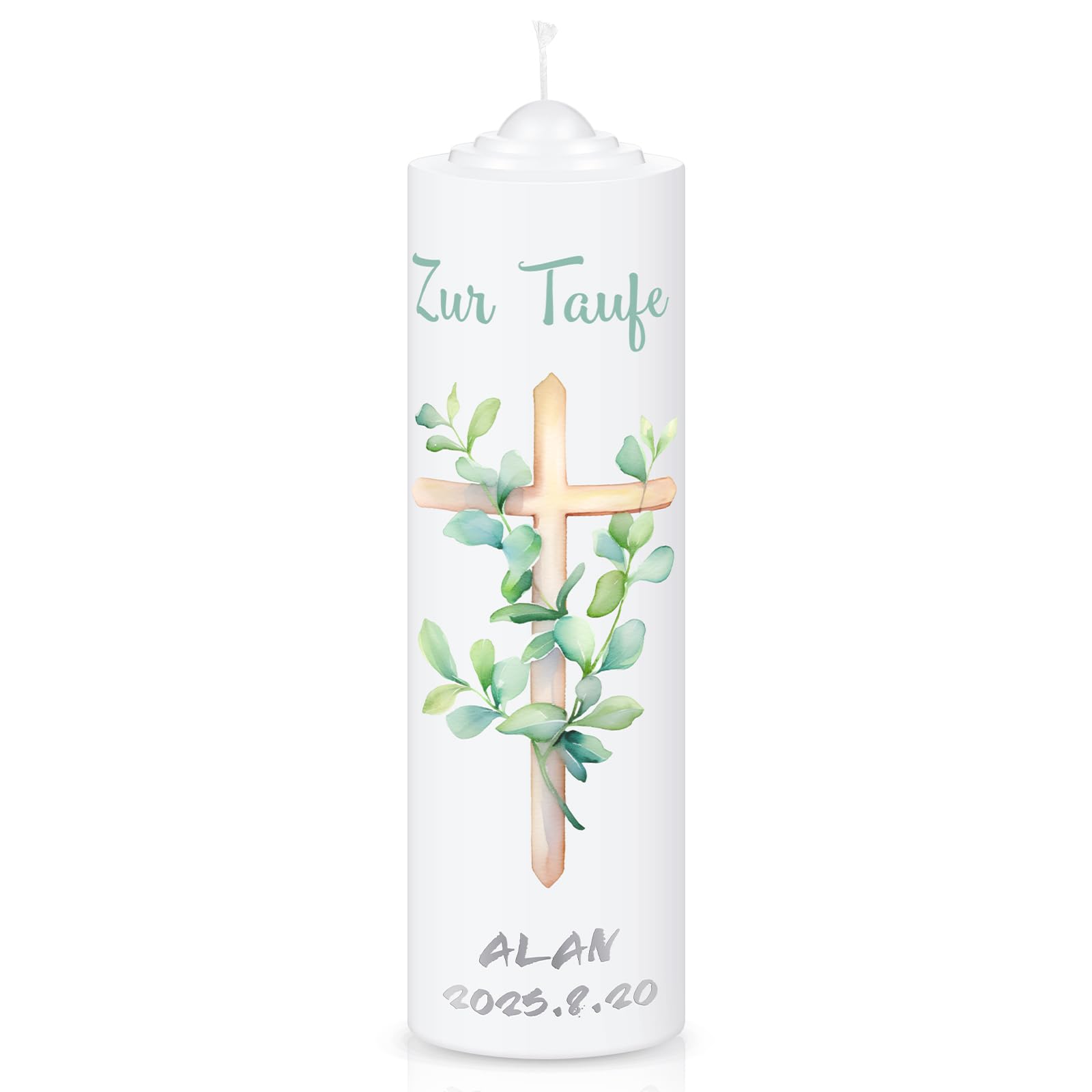 Candela Battesimale Altezza 16 cm Kit di Cera per Candele per la Comunione per la Cresima Kit Fai da te Personalizzate con Ramo di Eucalipto Adesivo e Pennarello per Ritocchi Argentati