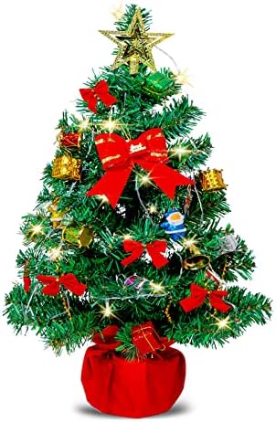 Friiko PreLit Tabletop Artificial Mini Christmas Tree Include Red Cloth Bag Base and Ornaments, 21" Little Xmas Tree with LED Lights for Home Office Holiday DIY Décor
