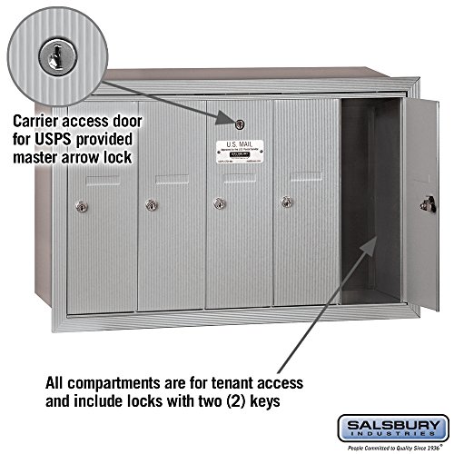 Salsbury Industries 3505ARU Recessed Mounted Vertical Mailbox with 5 Doors and USPS Access, Aluminum - Thumbnail 2