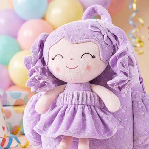 Image of Gloveleya Toddler Backpacks Baby Girl Gifts Curly Hair Plush Figures Dress Backpack - Silver Heart Accents in Soft Purple 11''