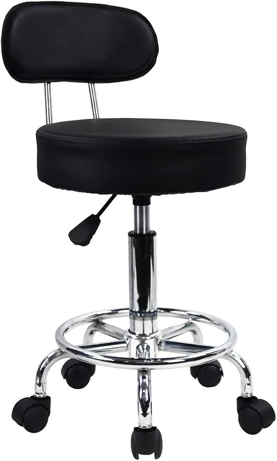 KKTONER PU Leather Rolling Stool Mid-Back with Footrest Height Adjustable Office Computer Home Drafting Swivel Task Chair with Wheels (Black)