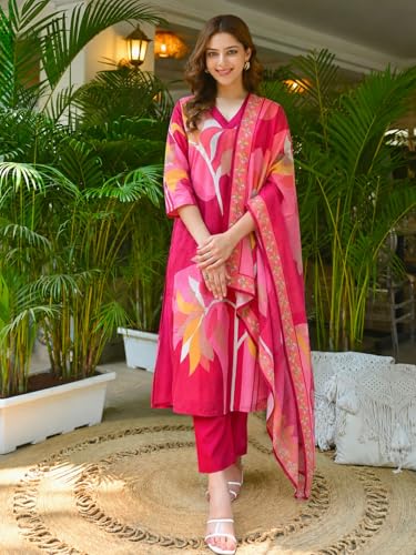 Image of ANNI Designer Cotton Blend Printed Straight Kurta with Pant and Dupatta for Women | Cotton Blend Pink | 3 /4 Sleeve | V-Neck | Ethnic Wear Casual Wear