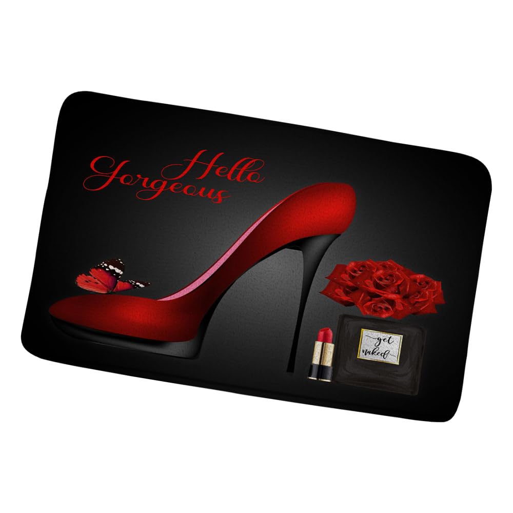Flower Butterfly Bath Mat Hello Gorgeous Fashion Girl Black Perfume Bottle Lipstick Rose Floral Romantic Lover Bathroom Rugs Toilet Bedroom Kitchen