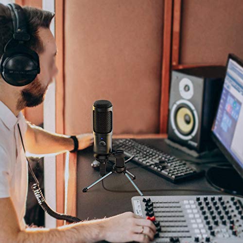 Microphone USB PC à condensateur noir avec trépied stable pour enregistrement studio