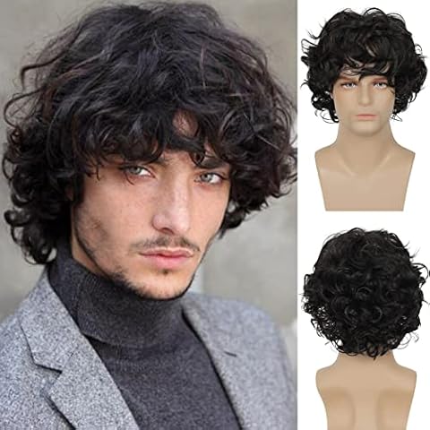 Baruisi Mens Short Black Curly Wig Synthetic Natural Fluffy Halloween Cosplay Hair Wig with Bangs Cover