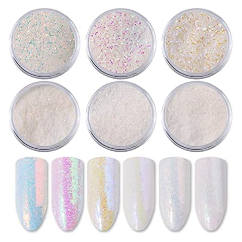 Nail Glitter Powder, 6 Color Chrome Nail Powder Aurora Pearl White Nail Powder Holographic Mermaid Mirror Effect Glitter Sequins for Nail Art Decoration Cover