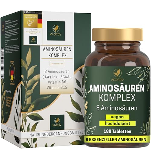 VITACTIV Aminosäuren Komplex Hochdosiert - 180 Tabletten, ca. 6000mg pro Tag - 8 essentielle Aminosäuren EAA, plus 4 Cofaktoren - Vitamin B6, B12 - Für Sport & Aktivität - Vegan, Laborgeprüft