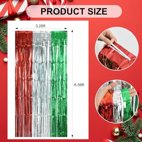 Image of TONIFUL 3Pcs Red Silver Green Door Streamers,Photo Booth Backdrop Metallic Streamers Foil Fringe Curtains for Birthday,Christmas,New Year,Bachelorette,Grad Party Streamers Decor(9.9ft x 6.6ft)