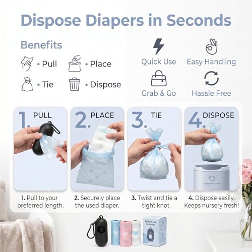 Image of Baby Disposable Diaper Bags, Diapers Trash Bags Convenient and Quick Diaper Disposal, Dog Potty Picker Bag, Waste Bag for kids potty, dogs poop, Diaper (17 Roll (255 Bags) + 1 Roll Dispenser)