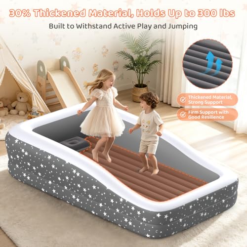 Image of Toddler Air Mattress Inflatable Kids Bed Blow Up Travel Mattress Rails Grey | 4-Sided Safety Rails, 30% Thicker Puncture-Resistant PVC, 20S Fast Inflation, Indoor & Outdoor Kids Bed with Pump & Pillow