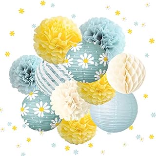 NICROLANDEE 12Pcs Baby Blue Yellow Tissue Pom Poms Daisy Shape Confetti for Birthday, Baby Shower, Daisy Party, Garden Party, Wedding, Engagement, Bridal Shower, Easter Party Decorations