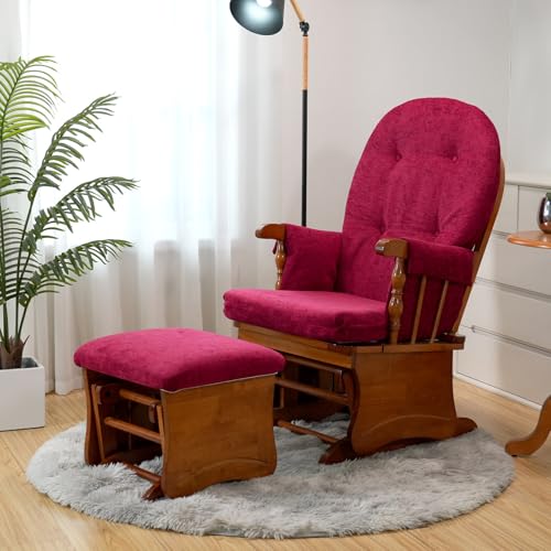 Image of Wooden Base Rocking Chair, Silent Rocking Motion, Feeding Chair, Nursing Rocker with Footstool, Sturdy and Easy to Assemble, Burgundy