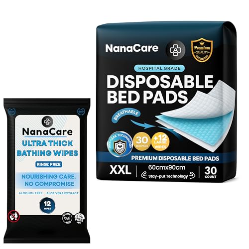 NanaCare - Juego de 30 almohadillas de cama antideslizantes de alta calidad para incontinencia de 60 x 90 cm y 15 toallitas corporales, altamente absorbentes, desechables para incontinencia