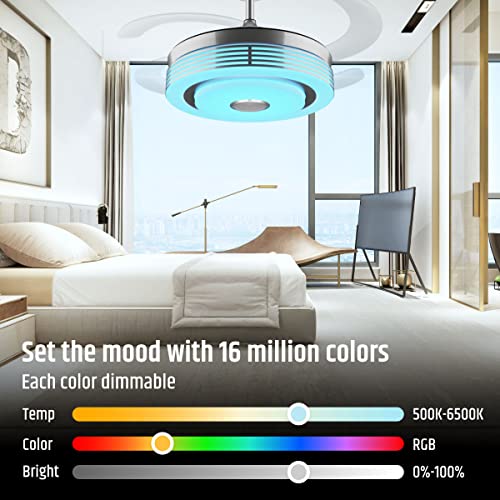 48 Inch Modern Retractable Ceiling Fan With Light And Bluetooth Speaker Led Color Changing Chandelier Smart Ceiling Fans With App Control 6 Speed Bluetooth Fandelier Ceiling Fan For Bedroom Chrome #TOP2
