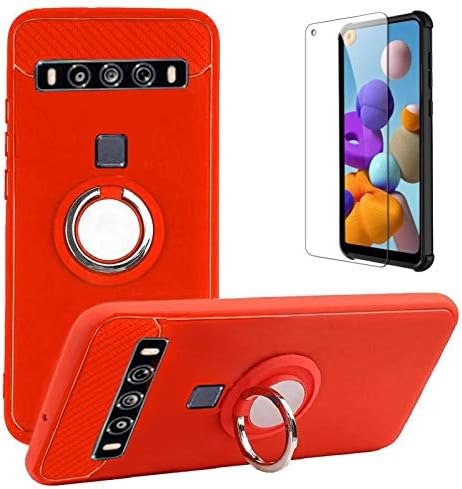 TCL 10 5G UW Case with Tempered Glass Screen Protector, Rotating Ring [Magnetic Car Mount] [360°Kickstand] Holder [Fashion] Soft TPU Protection Cover Case for TCL 10 5G UW (Verizon) (Red)