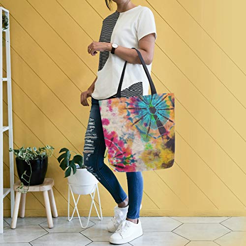 Image of Tie Dye Canvas Tote Grocery Bag Shoulder Casual Book Bag Large for Women Teachers, Retro Cotton Bag Shopping Purse Handbag Reusable Multipurpose Use