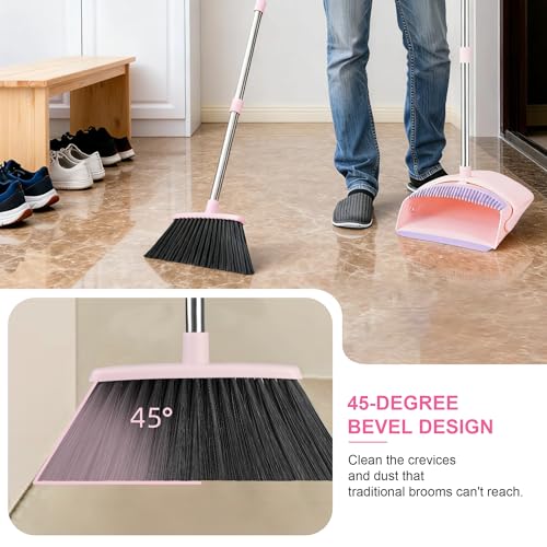 Image of BSKLIN Broom and Dustpan Set, 52 inch Long Adjustable Handle Broom with Dustpan Combo Set with Dust Pan Teeth to Clean Hair for Home Lobby Office Kitchen (Small-Pink-Purple)