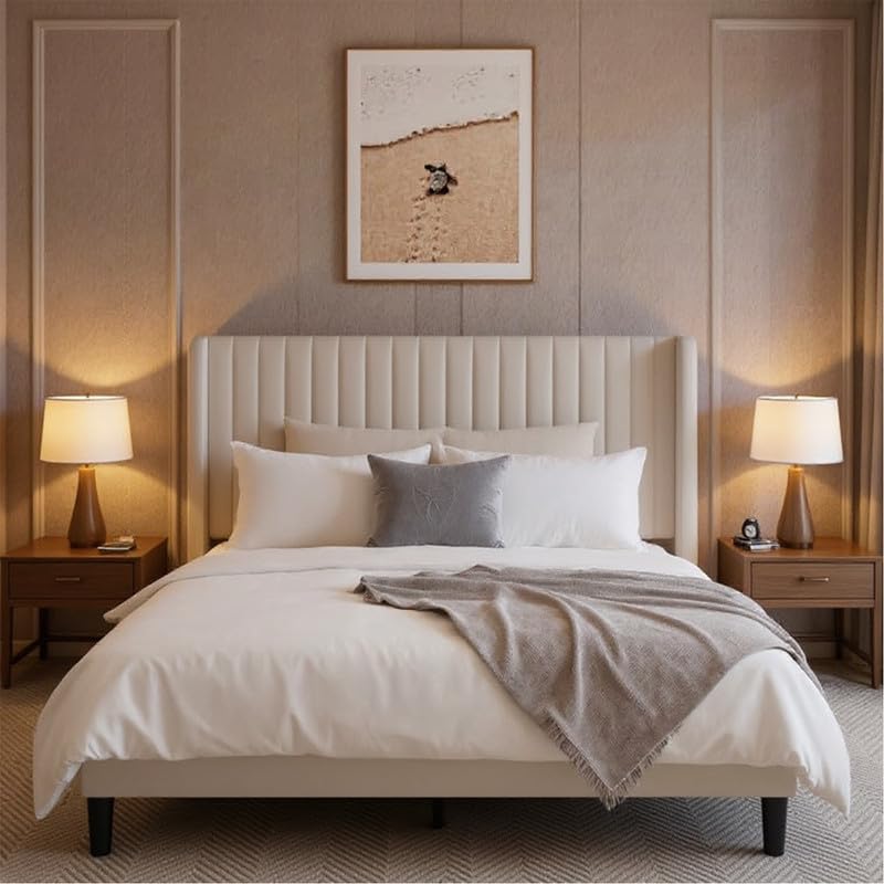 Image of Amazon Brand - Solimo Wood Lark Modern Upholstered King Size Bed with Wingback Headboard | Durable Wooden Double Bed Cot Palang Without Storage Furniture for Home, Hotel (White)