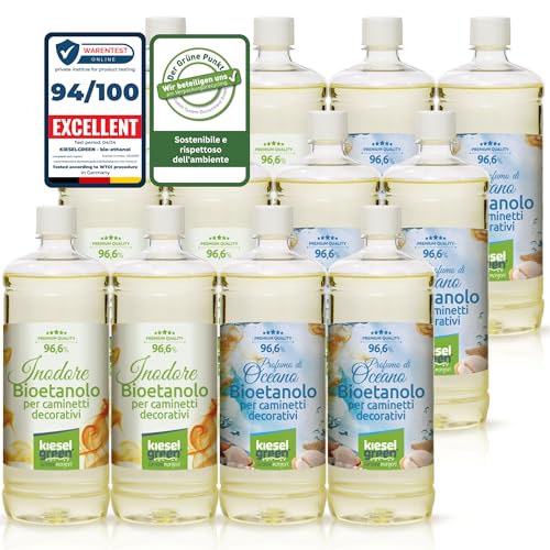 KieselGreen Bioethanolo 12 x 1 litro Set (6x Inodore + 6x con Fraganza) per Caminetto a Etanolo – Bio-etanolo profumato per Ambienti - Profumo per Caminetto a bioetanolo da Interno o da Tavolo M