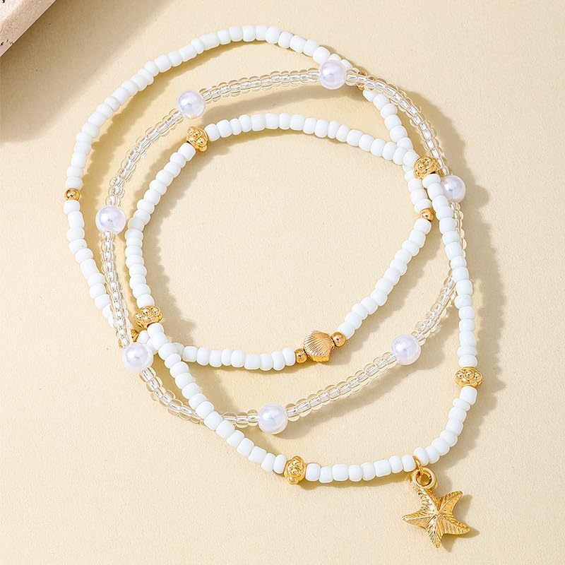 Image of Ankle Bracelets for Women Waterproof Beach Jewelry for Women Elastic Beaded Anklets Boho Seashell Pearl Starfish Anklets for Women Foot Jewelry