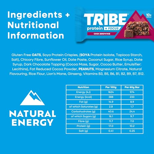 TRIBE Protein + Focus Flapjack Bar - Choc Brownie - High Protein Snack - 9 Energy & Focus Nutrients - 10g Protein, Lions Mane, Plant Based, Vegan Snack & Gluten Free (60g x 12 Bars) - Image 3