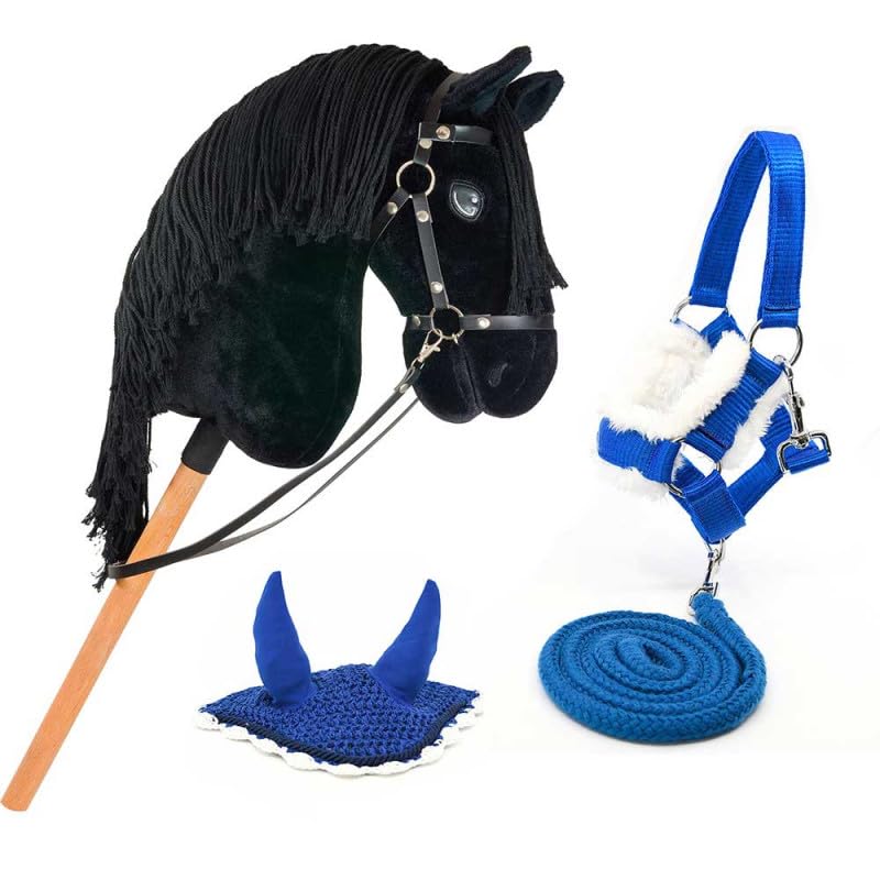 Hobby Horse schwarz A3, Vollstab Pferd mit Netz, Gebiss, Zügel, Halfter und blauer Insektenmütze, Pferdekopf Stab für Hobby Horsing Kinder und Jugendliche – Black Star