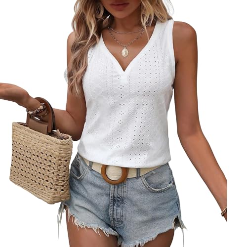 Womens Tank Tops Summer Tank Tops for Women 2024, V Neck Sleeve Embroidery Tops, Casual Loose Trendy Tops