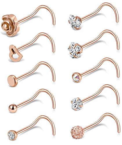 Tornito 20G 10Pcs Stainless Steel Nose Screw Studs Rings CZ Nose Ring Labret Nose Piercing Jewelry for Men Women Silver Rose Gold Tone