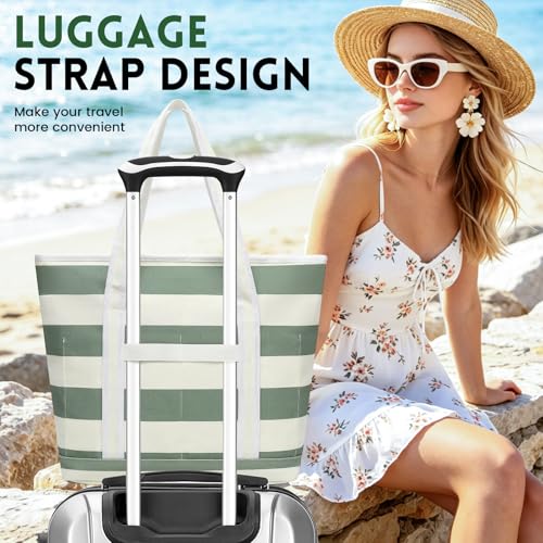 Image of Large Canvas Tote Bag for Women, Beach Bag with Zipper, Utility Tote Bag with 3 Front Pockets, Weekender Pool Bag