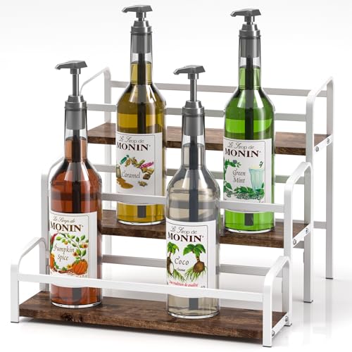 DTUQYX Coffee Syrup Organizer 3-Tier, 12 Bottles Capacity Coffee Syrup Rack, Syrup Stand for Spice, Wine, Liquor, Bottle, Coffee Bar Station Racks Magnetic, No Installation (Dark-Colored Wood, White)