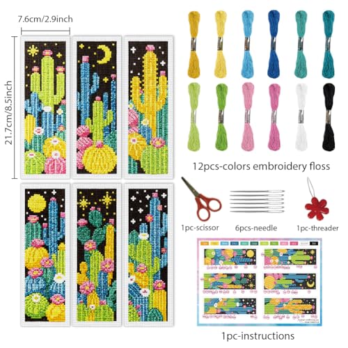 Image of INFUNLY 6pcs Dark Cactus Cross Stitch Bookmark Kit for Beginners DIY Cactus Grove Embroidery Bookmark Kits Night Plants Needlepoint Kit with Instruction Easy Cross Stitch Set for Book Lovers Readers