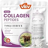 VEV Multi Collagen Peptides Powder, 1 lb (41 Servings) – Type I, II, III, V, X, Hydrolyzed Collagen, Hyaluronic Acid Power, Biotin, Vitamin C, Supports Skin, Unflavored, Dissolves Easily