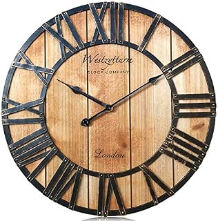 Westzytturm Large Wall Clock Wooden Frame 3D Roman Numeral Metal Decorative Silent Movement Handmade Round Wooden Wall Clocks for Living Room,Kitchen,Office,Garden(Silver 46cm Diameter)