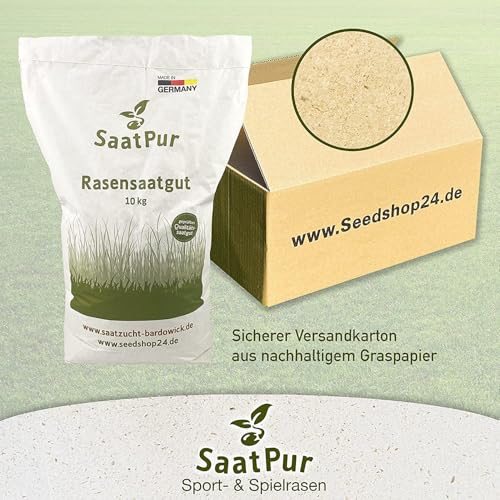 Foto von Qualitäts Rasensamen SaatPur | 10kg Sport und Spielrasen | Rasennachsaat, Gras, Grassamen, Nachsaatrasen Rasen Nachsaat, Rasensaat | Grassamen | ca. 300-400 m²