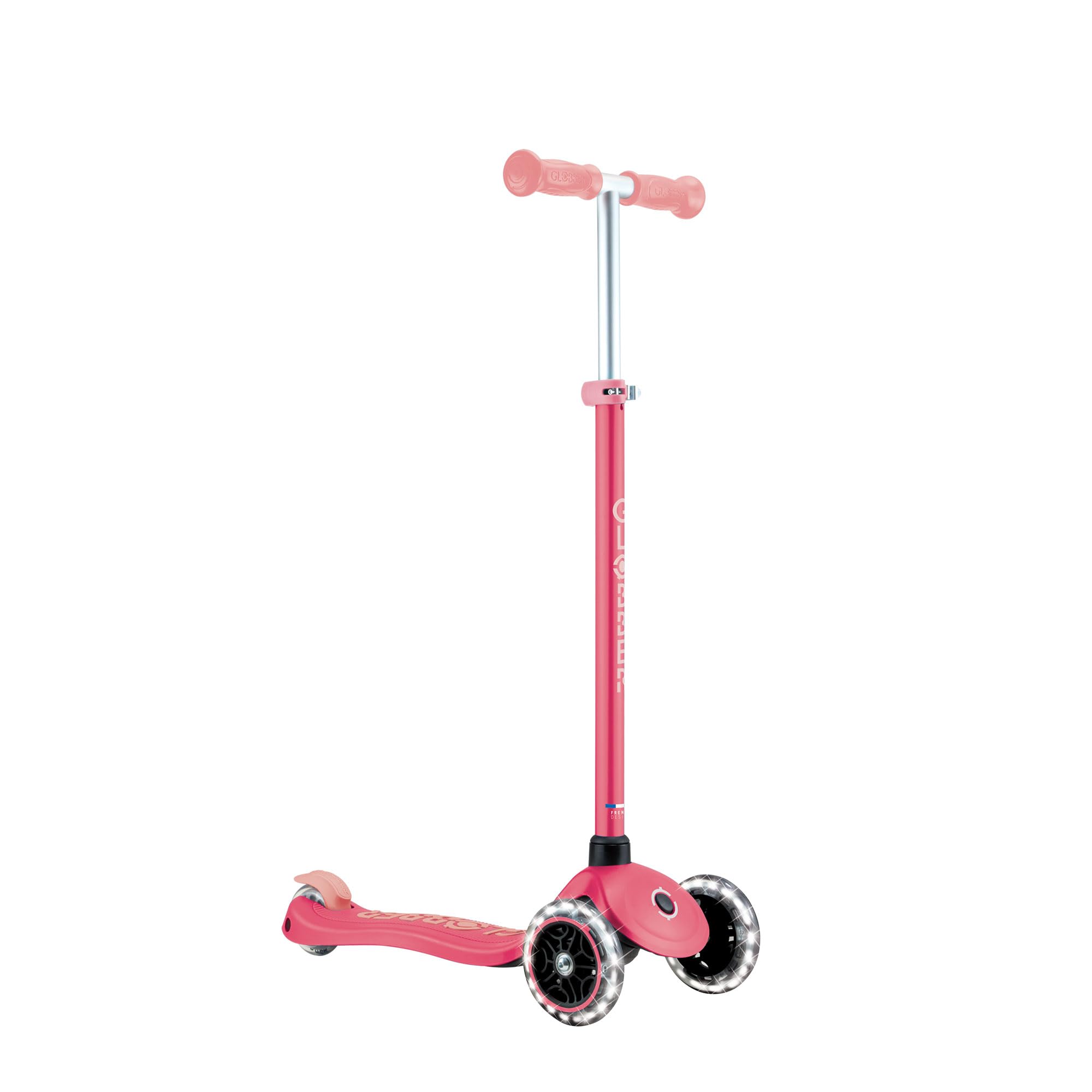 Globber - GO•UP Active Lights 360 - Patinete evolutivo de 3 Ruedas con Asiento Giratorio 360°, reposapiés y Luces LED, para niños de 15 Meses a 6 años - Rosa Coral