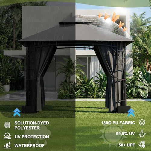 Devoko - Cenador de jardín (3,3 x 3,3 m, con 4 macetas, aluminio, pabellón de jardín, doble techo, aireado, marco follaje, cortinas desmontables, protección UV e impermeable, ideal para exteriores - imagen 5