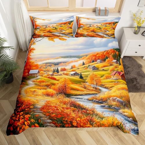 Rustic Farmhouse Duvet Cover Set Toddler Size,Fall Country Style Nature Scenery Quilt Cover for Kids Boys Girls Orange Maple Leaves River Hunt Decor Bedding Set with 1 Pillowcase,No Comforter