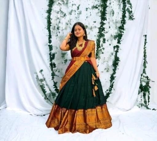 Image of RENVAANI Women's Traditional Kanjivaram Kanchipuram Silk Unstitched Lehenga Choli with Dupatta (PURPLE MAROON DUP FIROZI)
