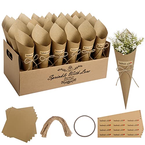 Confetti à Cônes Mariage, 60 Pcs Cône en Papier Kraft Mariage avec Plateau à Confettis Style Portable pour Décoration de Mariage