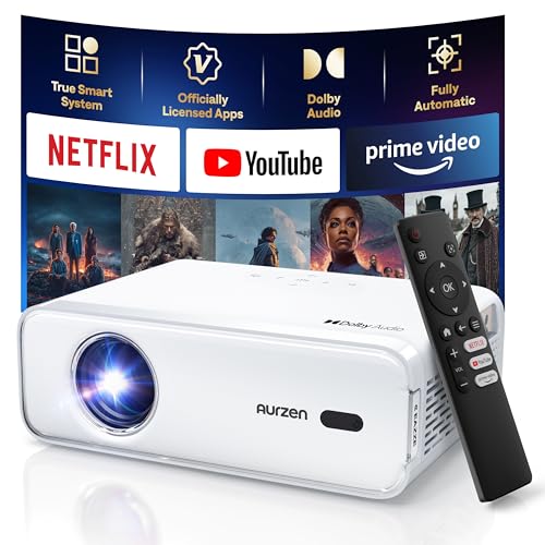 Aurzen Eazze D1 Smart Projector with WiFi and Bluetooth Netflix-Officially-Licensed Auto Focus & Keystone DoIby Audio Zoom Native 1080P Movie Portable Outdoor Mini Projector White