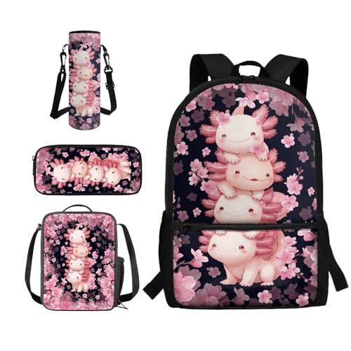 COEQINE Pink Axolotl School Backpack Set With Water Bottle Holder for Kids Girls Lightweight Customized Bookbag for Toddler Girls with Name Custom Personalized Lunchbox for Adult Work 4 Pcs