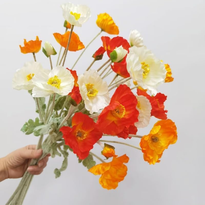 9Pcs Poppy Flowers Artificial,Poppy Silk Flowers with Stems,Ranunculus Artificial Flowers,Faux Flower Stems for Wedding Party Outdoor Indoor Decor Flower Arrangements for Table (Orange White) - Image 3