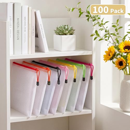 Takywep Bulk 100 Pack A4 Mesh Zipper Bags, 10 Assorted Colors, Waterproof PVC Document Organizer, Office, Versatile Filing Solutions, School & Travel Use, Pencil & File Storage - Image 3