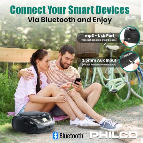 PHILCO Portable Bluetooth Boombox with CD Player | Compatible with MP3/WMA/CD-R/CD-RW | FM Radio | 3.5mm Aux Input | Stereo Sound | LED Display | AC/Battery Powered | Compact and Easy-to-Use - Thumbnail 5