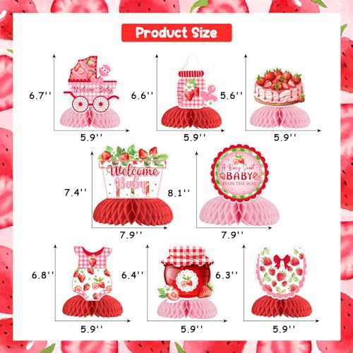Sursurprise Strawberry Baby Shower Decorations, 8 Pieces Strawberry Honeycomb Centerpieces - Image 2