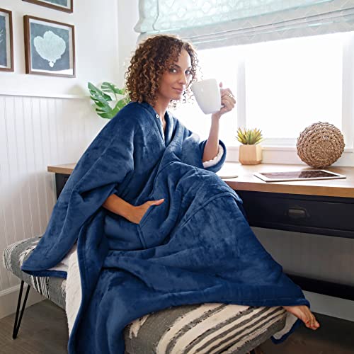 Catalonia Sherpa Wearable Blanket Poncho For Adult Women Men, Wrap Blanket Cape With Pocket, Warm, Soft, Cozy, Snuggly, Comfort Gift, No Sleeves, Navy #TOP1