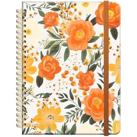 ZHIZHEND Ruled Spiral Writing Notebook,A5 Hardcover Lined College Journal for Women Lady Girl,Strong Twin-Wire Binding with Premium Paper,8.4" X 6",Perfect for School,Office,Home Gifts(orange flower) Cover