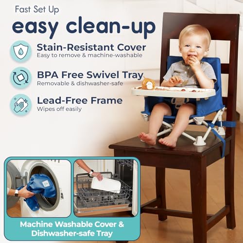 Image of Hiccapop OmniBoost Travel Booster Seat with Tray for Baby | Folding Portable Baby Booster Seat for Dining Table, Camping, Beach, Grandma's | Tip-Free Design Straps to Kitchen Chairs - Booster Chair