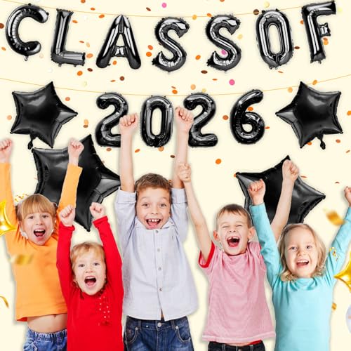 Image of Graduation Balloons, Class of 2026 Balloons, 16 Inch Black Grad Class of 2026 Letters Foil Balloon with Star Balloons, Class of 2026 Decorations for High School College Graduation Party Decorations